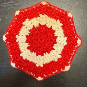 Red and Cream Crochet Doily or Potholder in Sand Dollar Pattern